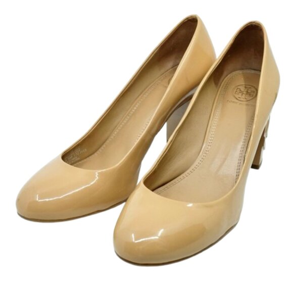 TORY BURCH~Multi Logo Pump~BLOCK LOGO WRAPPED HEEL BEIGE PATENT LEATHER SHOE 9.5 - Picture 2 of 8